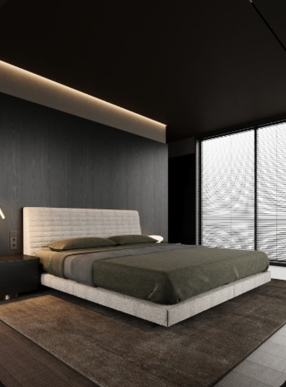 Bedroom render with platform bed and dark timber wall