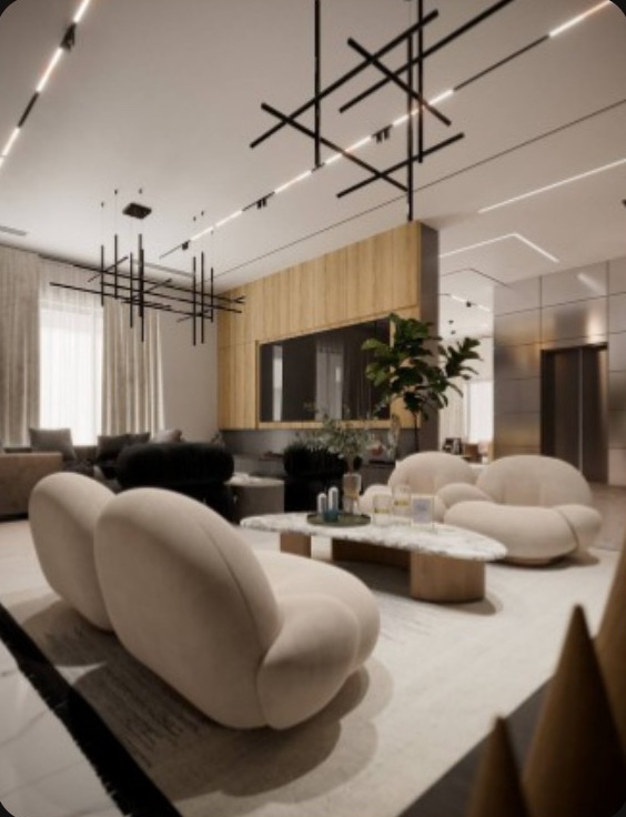 Living room render with linear ceiling lights and timber wall panels